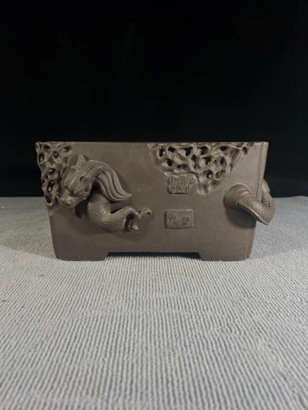 全手工原矿四方龙盆 器型异型，色泽古朴，老味十足外37*19内32*16