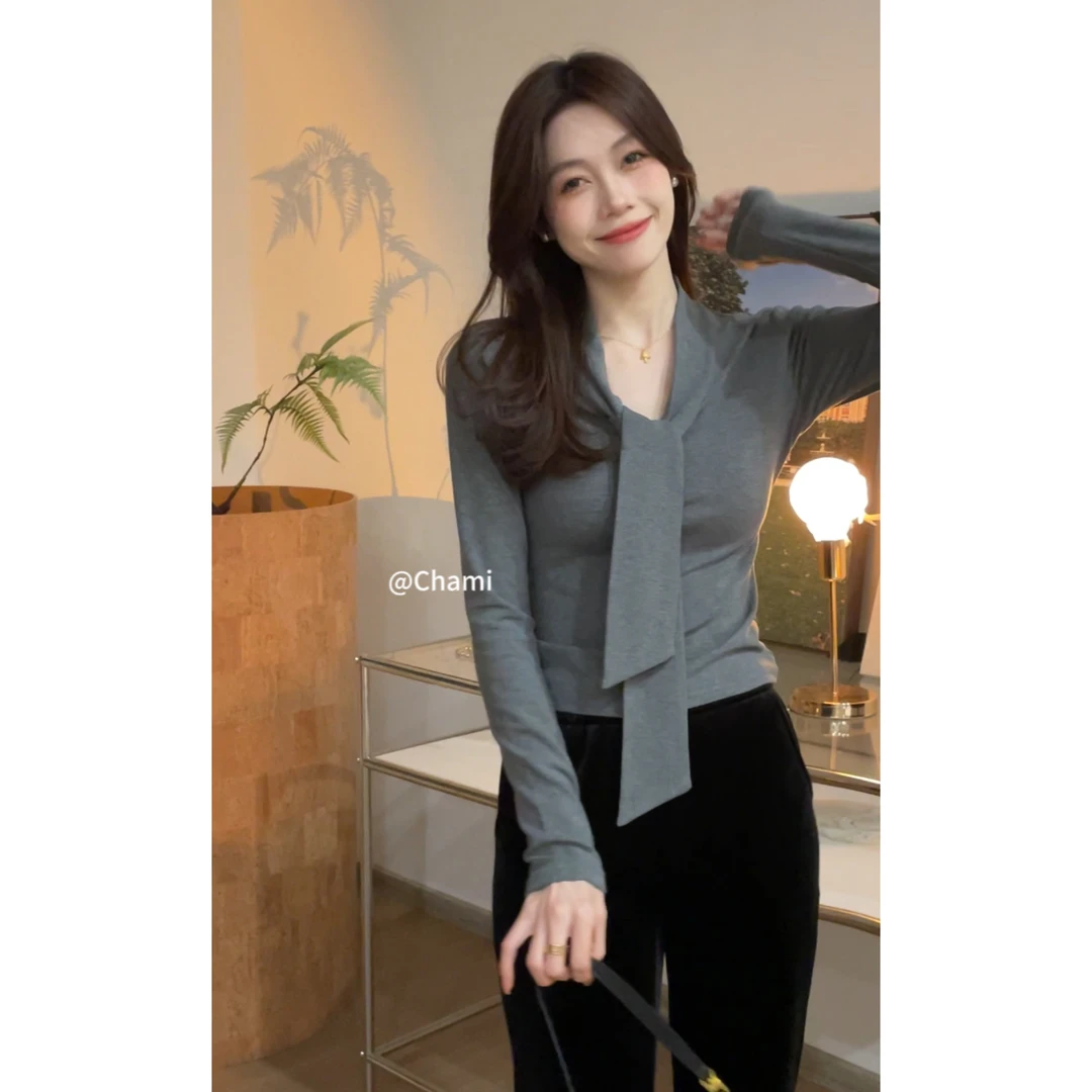 Chami「南法冬日」小众秋冬氛围感撞色拼接绑带设计感长袖打底上衣