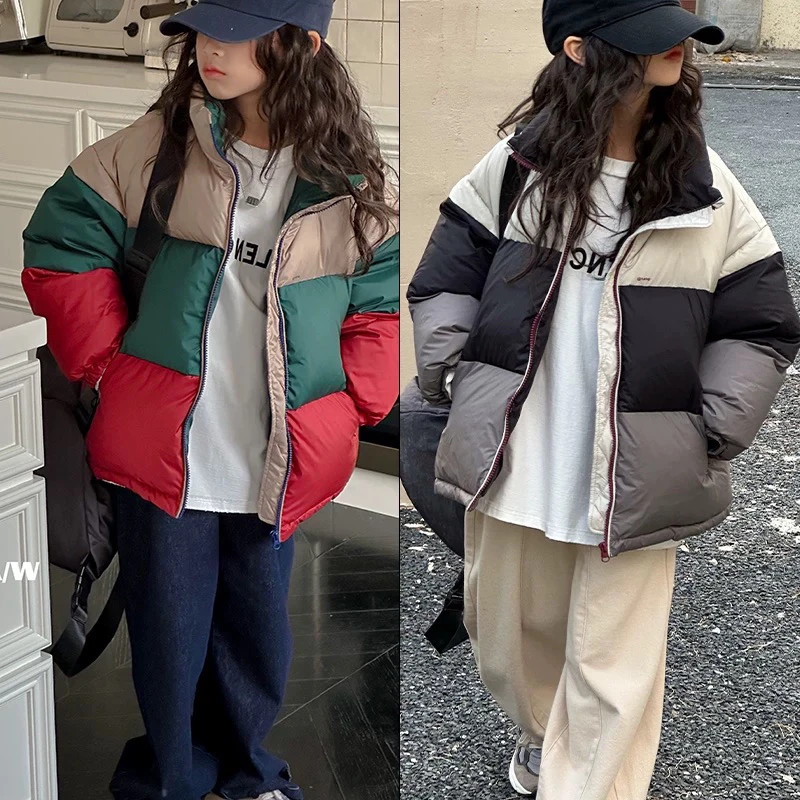 唐家品牌2375冬款洋气中大童男女童厚实拼色羽绒服外套韩版撞色潮