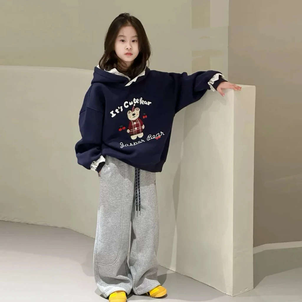 女童冬季加绒连帽卫衣15195 韩版卡通中大童休闲时尚带帽秋冬套头