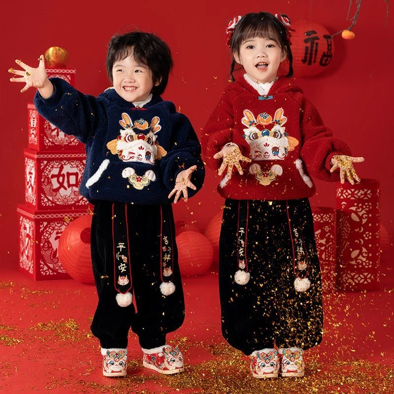 男女童冬装拜年服套装2024龙年加绒加厚卫衣喜庆元旦表演服两件套