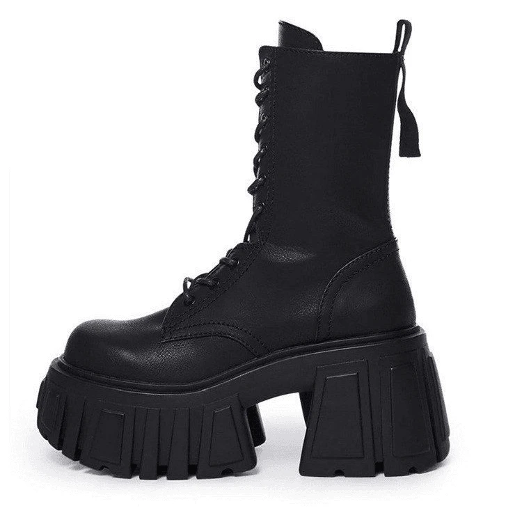 高跟厚底中筒靴女秋冬小个子增高短靴潮矮子乐粗跟真软皮马丁靴子