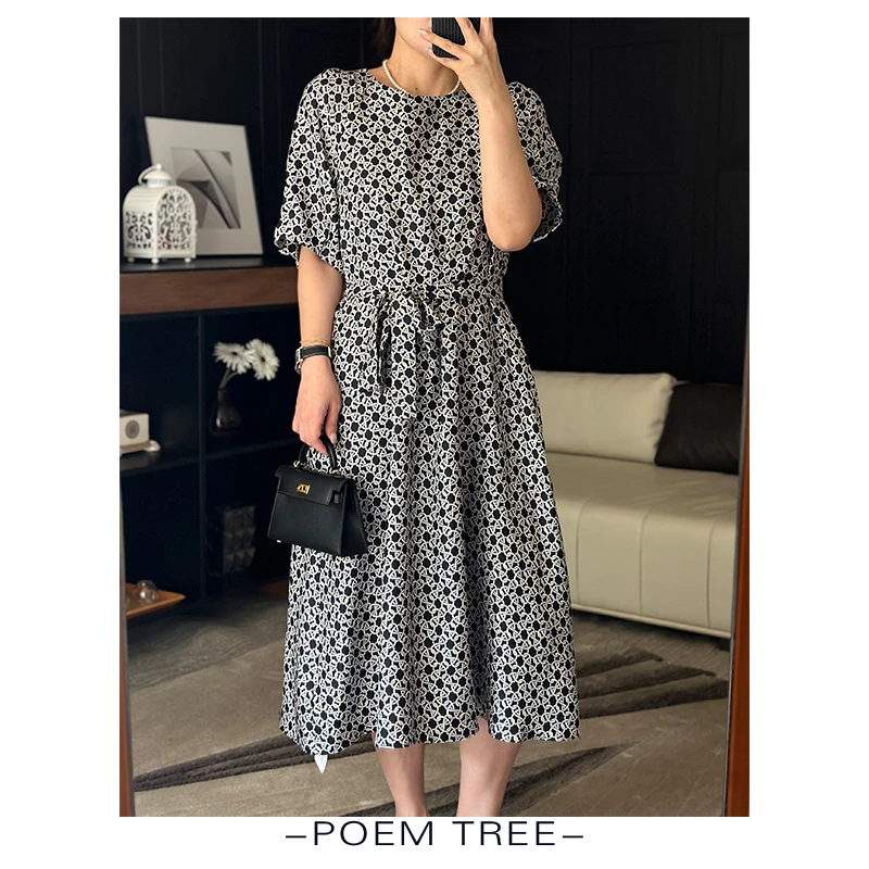 poemtree“莫奈线条”35姆米斜纹桑蚕丝印花连衣裙HZ2430