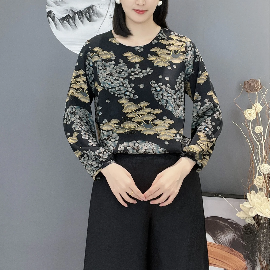 34夏季新款圆领长袖宽松大码显瘦减龄妈妈装女士印花上衣小衫