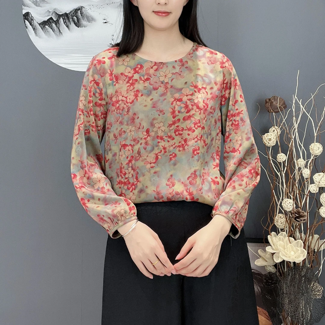 【春岚】夏季新款圆领长袖碎花百搭休闲洋气妈妈装显瘦减龄上衣小衫