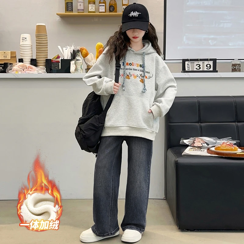 女童加绒套装秋冬2025新款洋气甜美儿童卫衣牛仔裤两件套中大童装