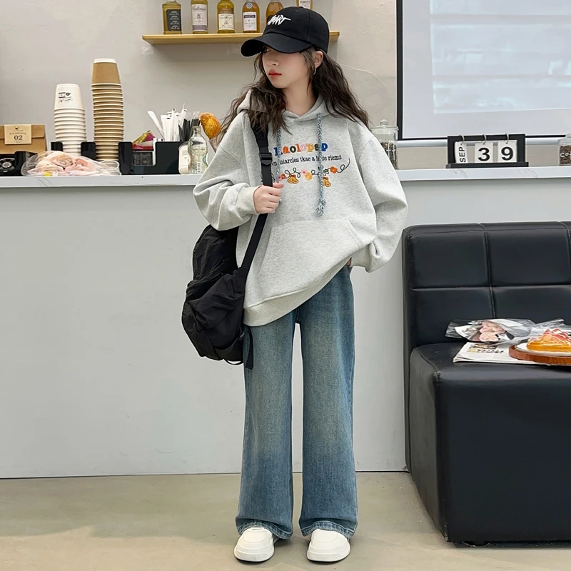 女童套装秋季2025新款洋气儿童连帽卫衣中大童牛仔裤中大童两件套