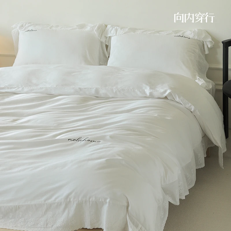 向内穿行A类【静听樱语】水洗棉全棉花边刺绣床上四件套法式床品