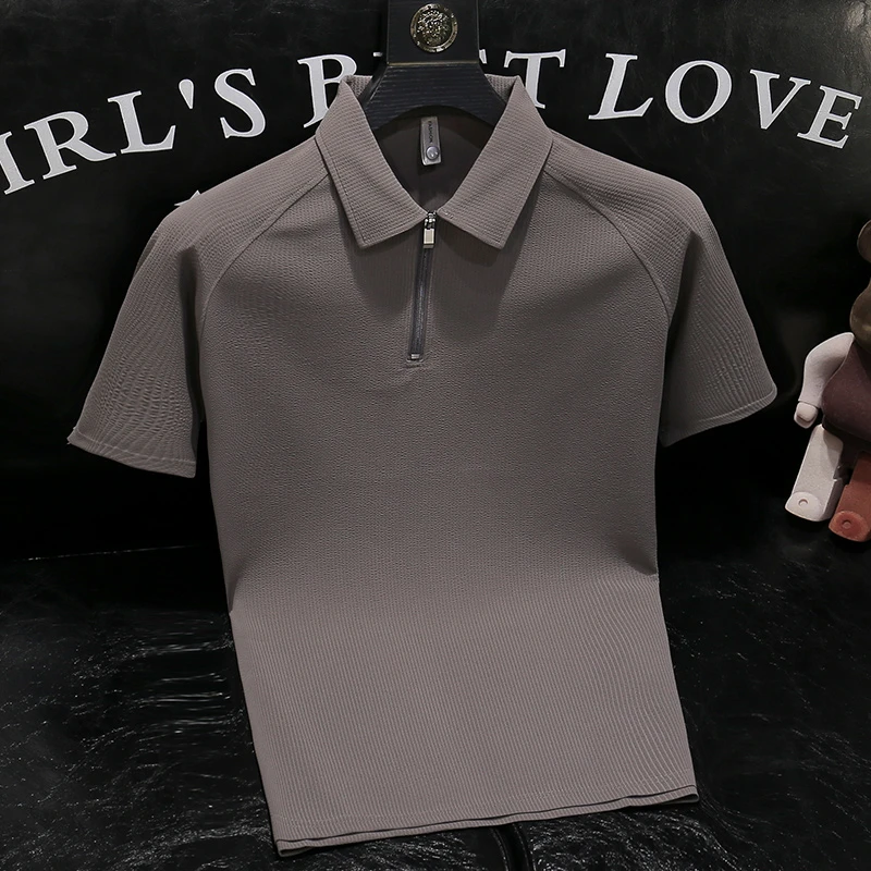 欧货轻奢夏季薄款半拉链短袖Polo衫男高级感时尚潮流修身翻领T恤