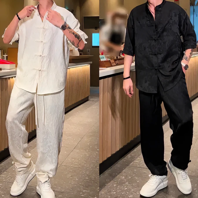 【语乐服饰】春夏新款五分袖立领衬衫新中式复古针织提花盘扣长袖衫