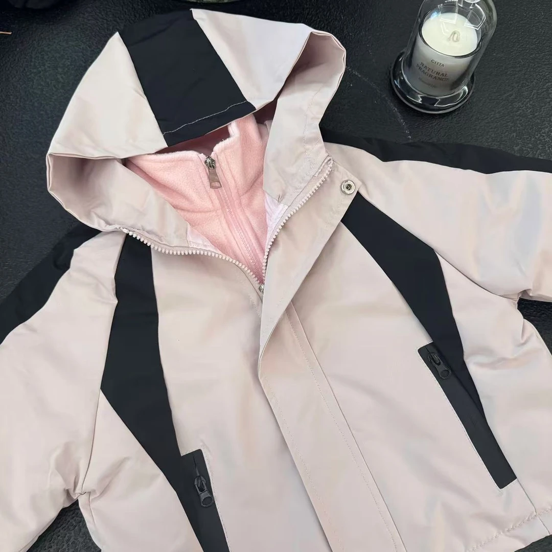 秋冬季防风连帽儿童拼色内搭羊羔绒两件套冲锋衣