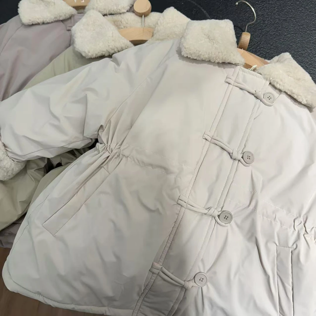 冬季女童洋气毛毛翻领盘扣腰间抽绳棉服外套245642