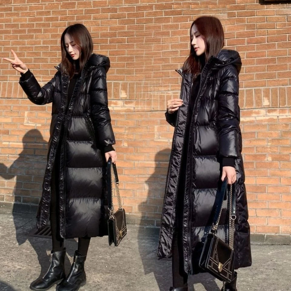 雪中飞2023新款黑色羽绒服韩版长款亮面时尚女加厚修身保暖ins潮