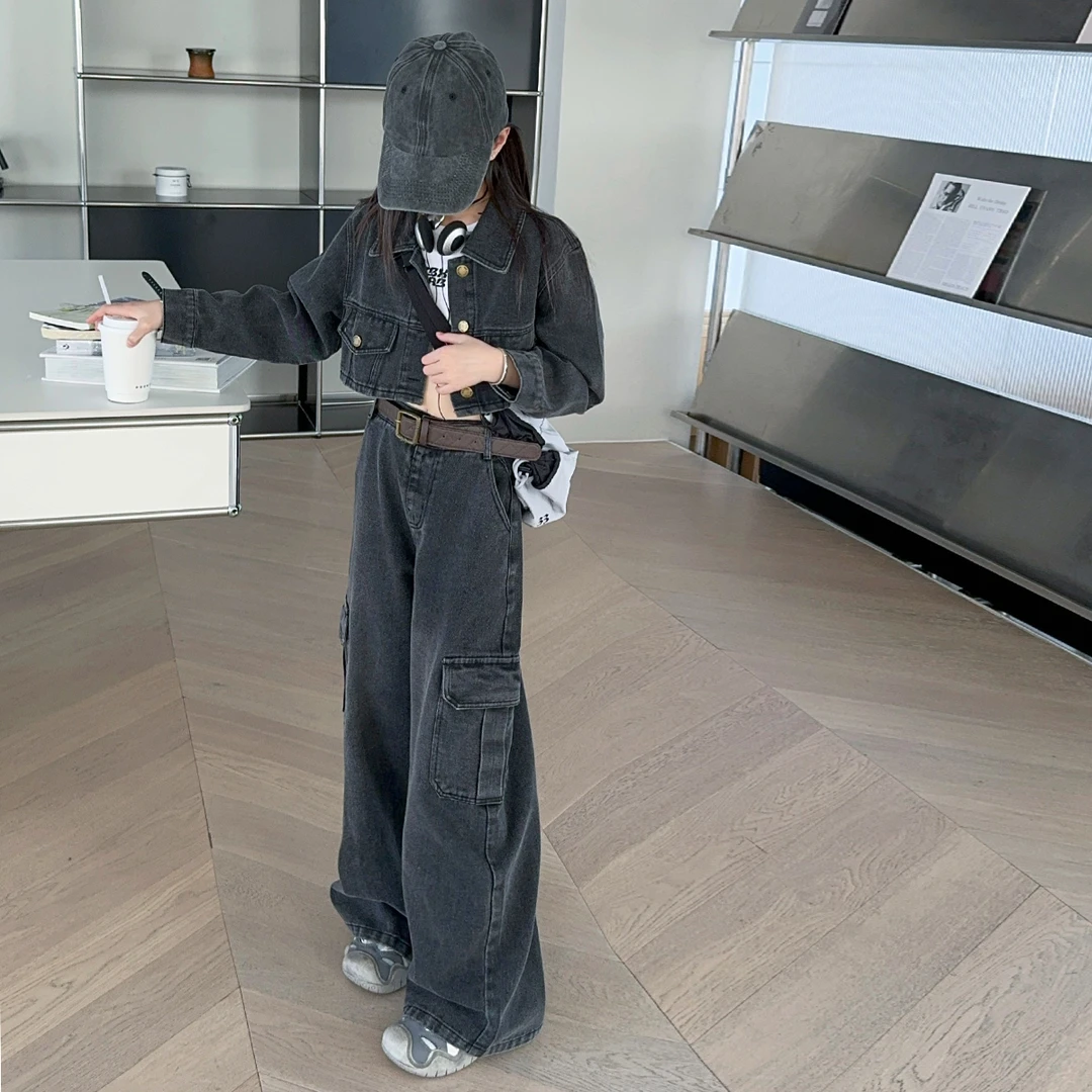 女童春秋牛仔套装2024新款童装长裤外套两件拖地裤子女孩洋气潮牌