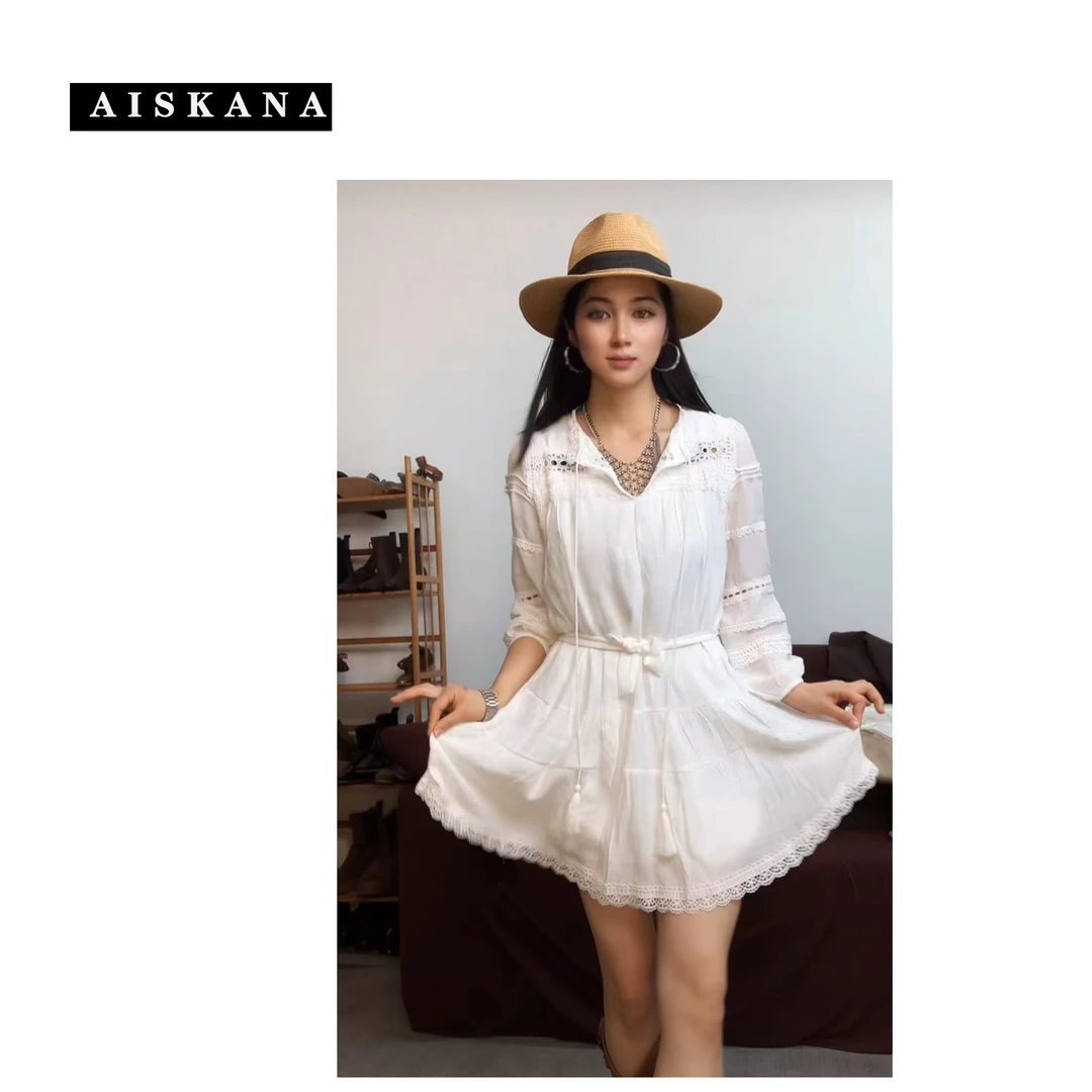 中长款白色连衣裙 蕾丝边气质显高显瘦法式复古夏季裙子女