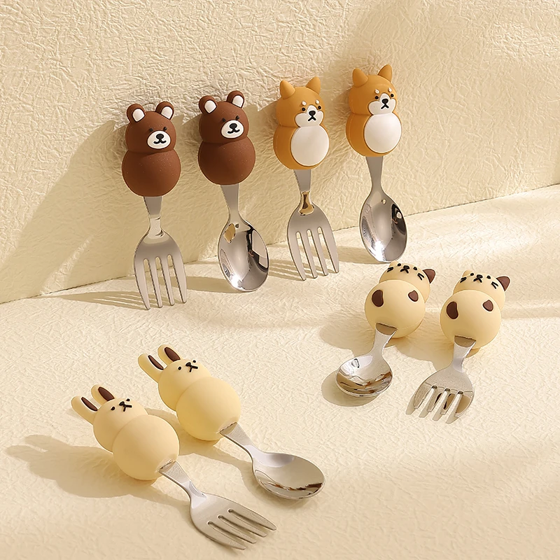 可爱宝宝吃饭专用勺子家用精致不锈钢酸奶勺儿童水果叉勺便携餐具