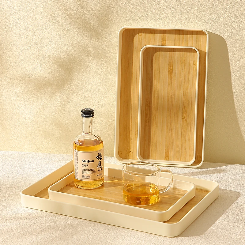 日式仿木纹托盘家用放茶杯水杯子茶盘长方形塑料酒店商用收纳餐盘