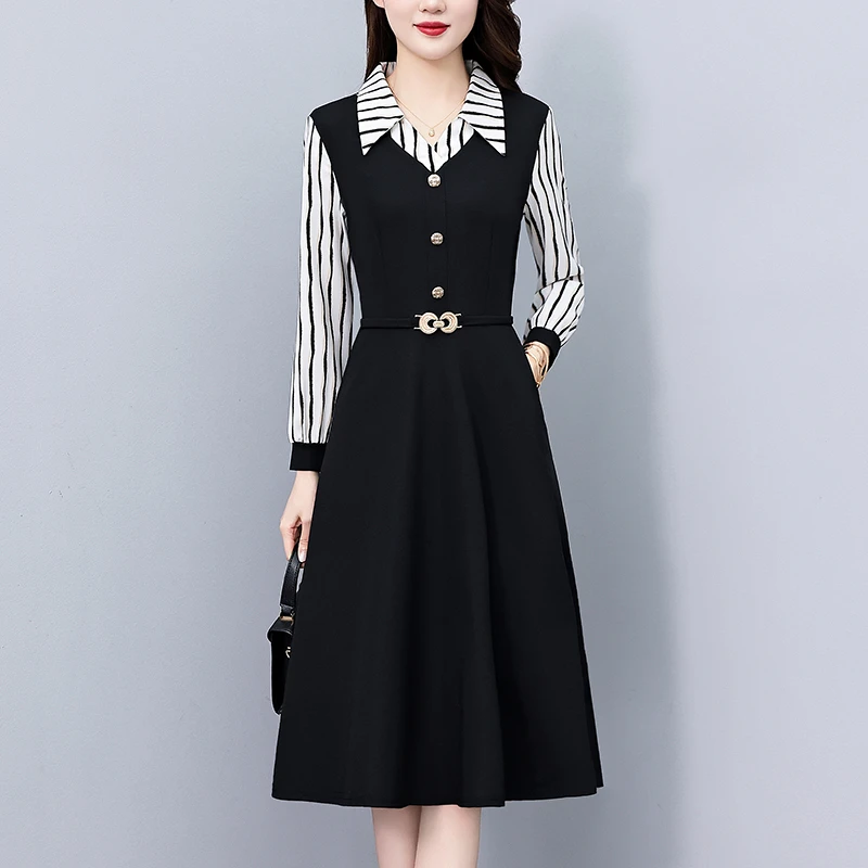 高档条纹气质假两件套大码女装胖mm遮肚子连衣裙中长款春秋季新款