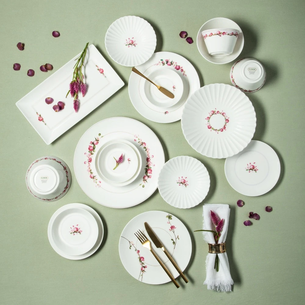 韩国原装进口-饭碗和盘子套装24件套ROSE DAY骨瓷系列盘子碗碟