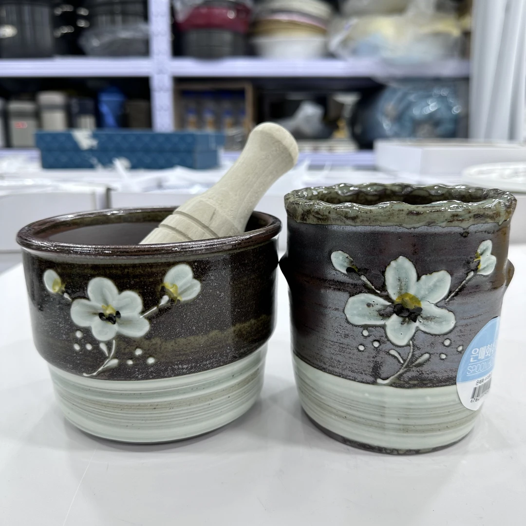 韩国原装进口-梅花陶土-筷子筒,捣蒜器磨粉器