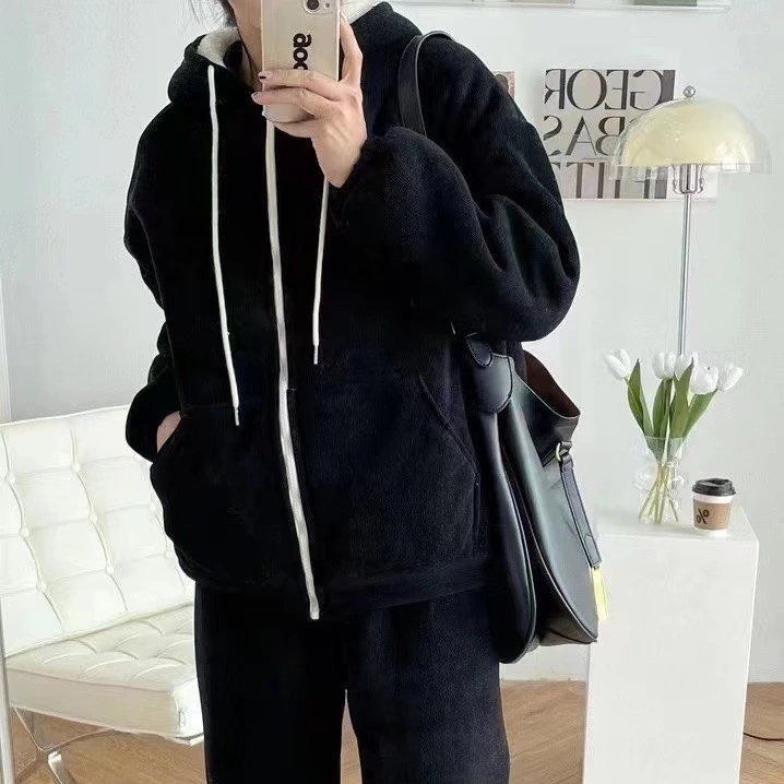 23款女冬季三层加厚拉链连帽网红爆款洋气可外穿休闲家居服套装
