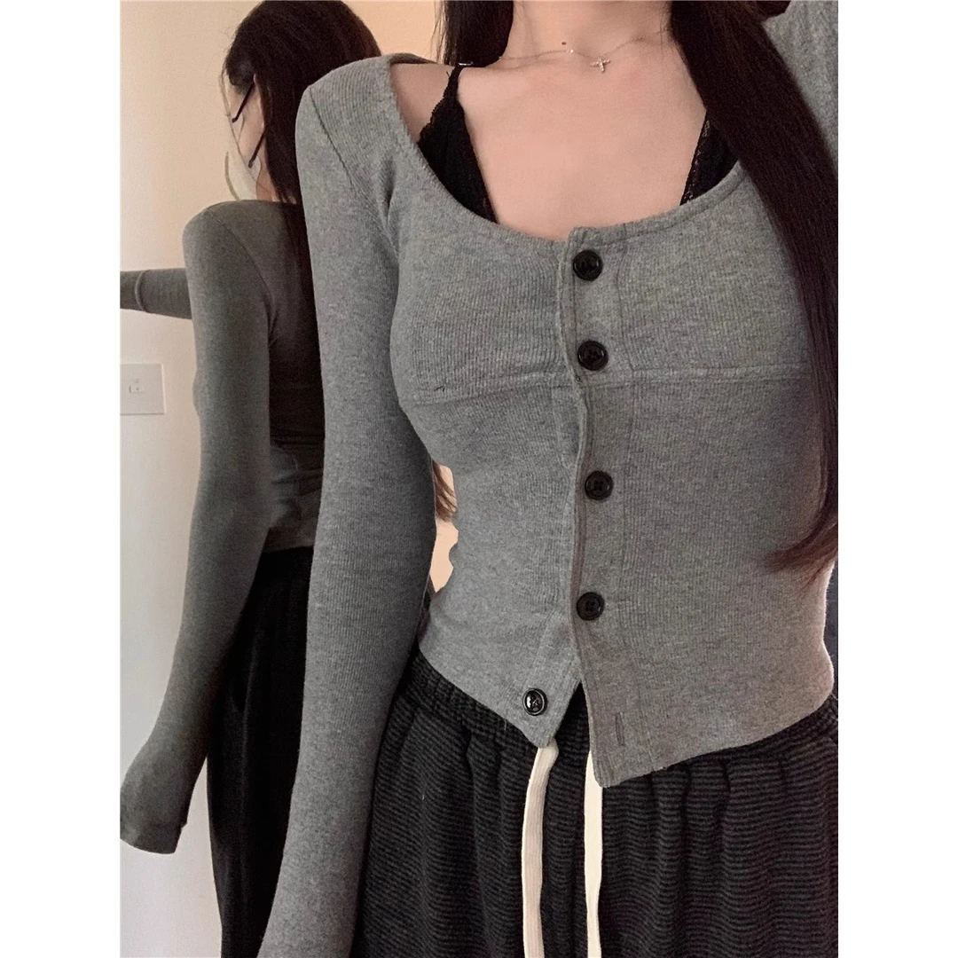 韩版假两件蕾丝吊带纯欲辣妹打底长袖T恤女秋冬修身显瘦性感上衣