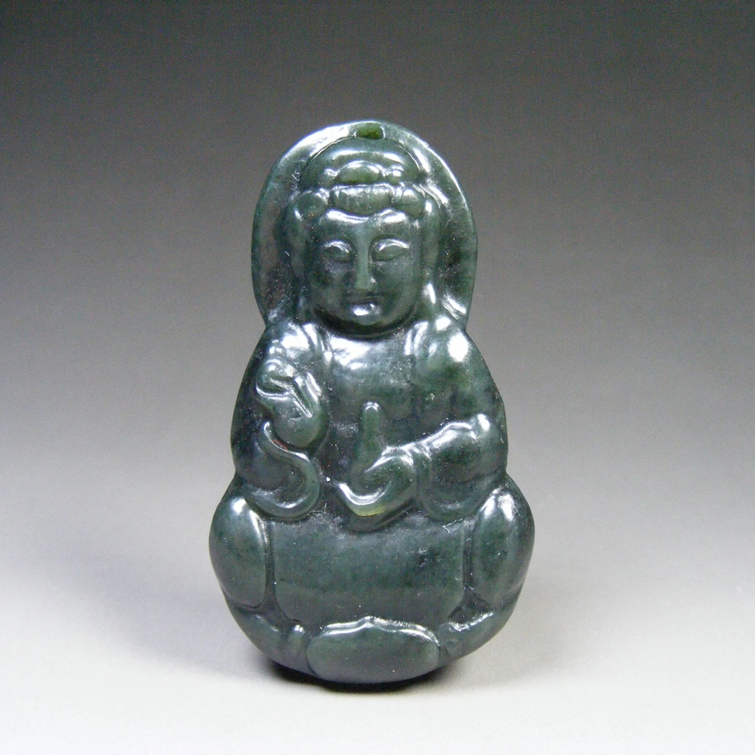 几十年和田青玉老雕法手工雕单面工浮雕带背光莲花座宝瓶观音大坠