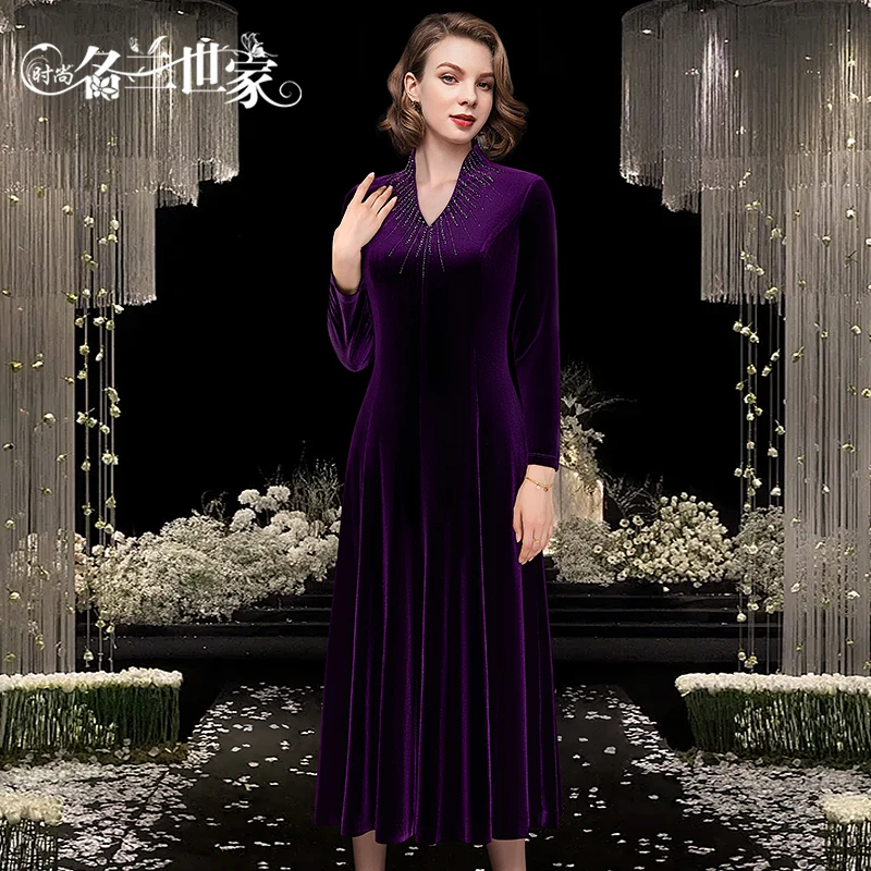 〖繁星点缀〗婚礼妈妈高档丝绒连衣裙红色礼服收腰显瘦MQZ01C5868
