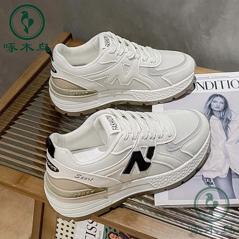 啄木鸟品牌2025新款网红百搭透气学生厚底ins网面韩版老爹鞋潮鞋