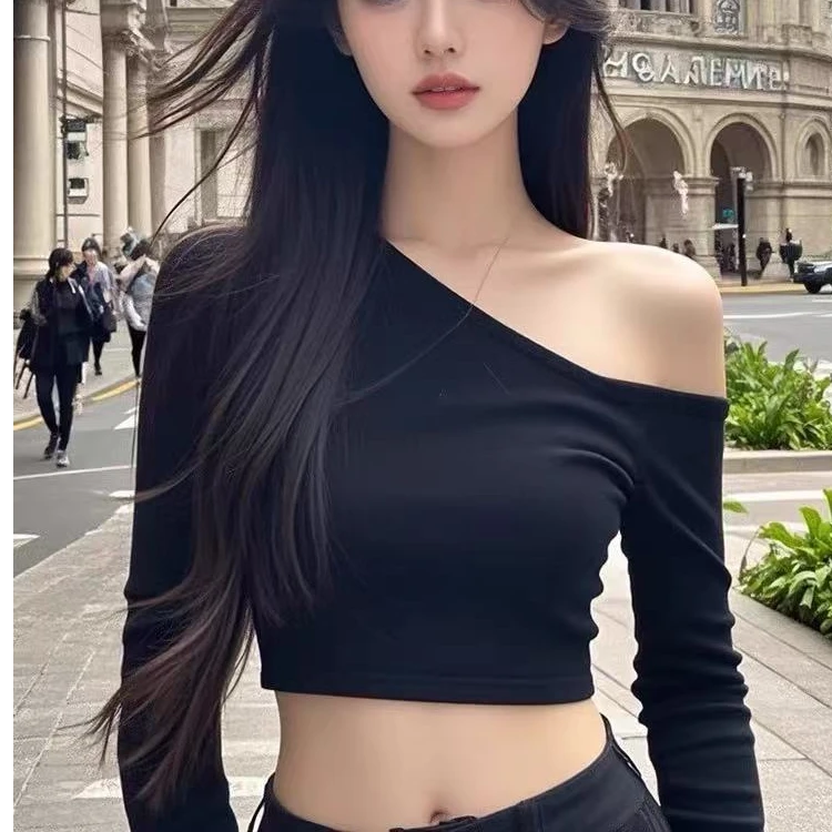 【770 -799】F纯欲风辣妹斜肩修身打底衫女设计感小众露脐短款上衣