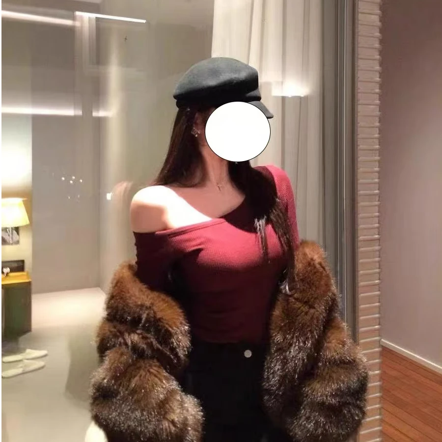 【800 -899】M斜肩长袖纯欲辣妹打底衫修身休闲显瘦小个子百搭上衣