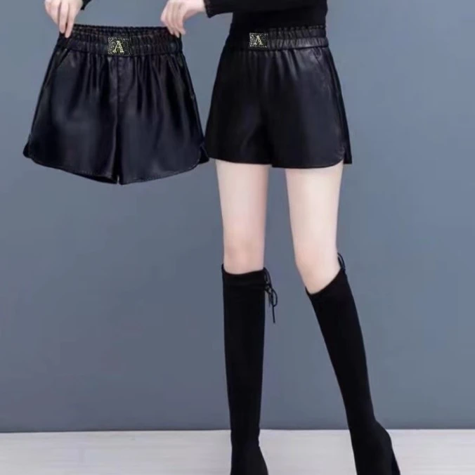 8961秋冬厚款新款a字阔腿休闲显瘦宽松百搭高腰皮裤短裤网红时尚