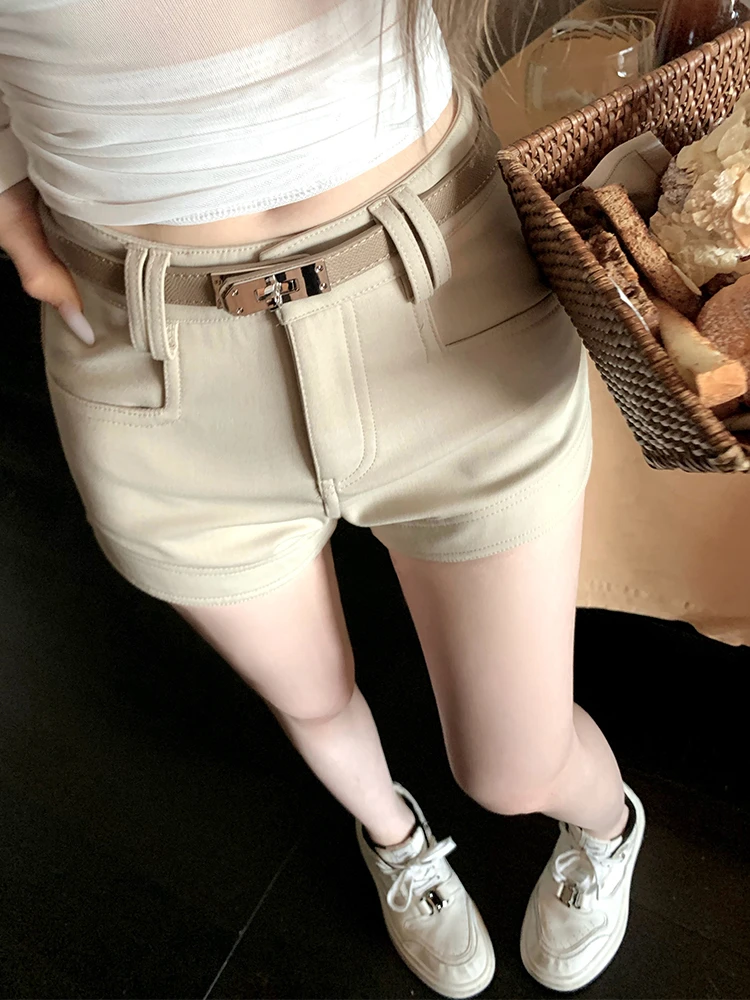 时尚休闲高腰西装短裤女夏季修身显瘦百搭直筒裤子带腰带