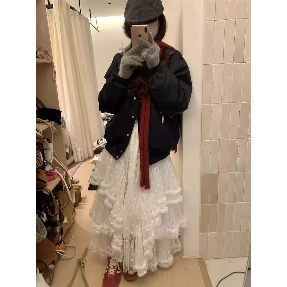 韩系冬季新款设计感高腰蛋糕半身裙女重工拼接蕾丝木耳边长裙