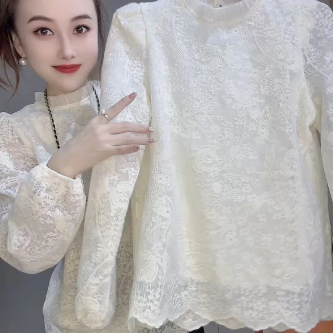 气质镂空提花半高领长袖蕾丝衫时尚百搭上衣
