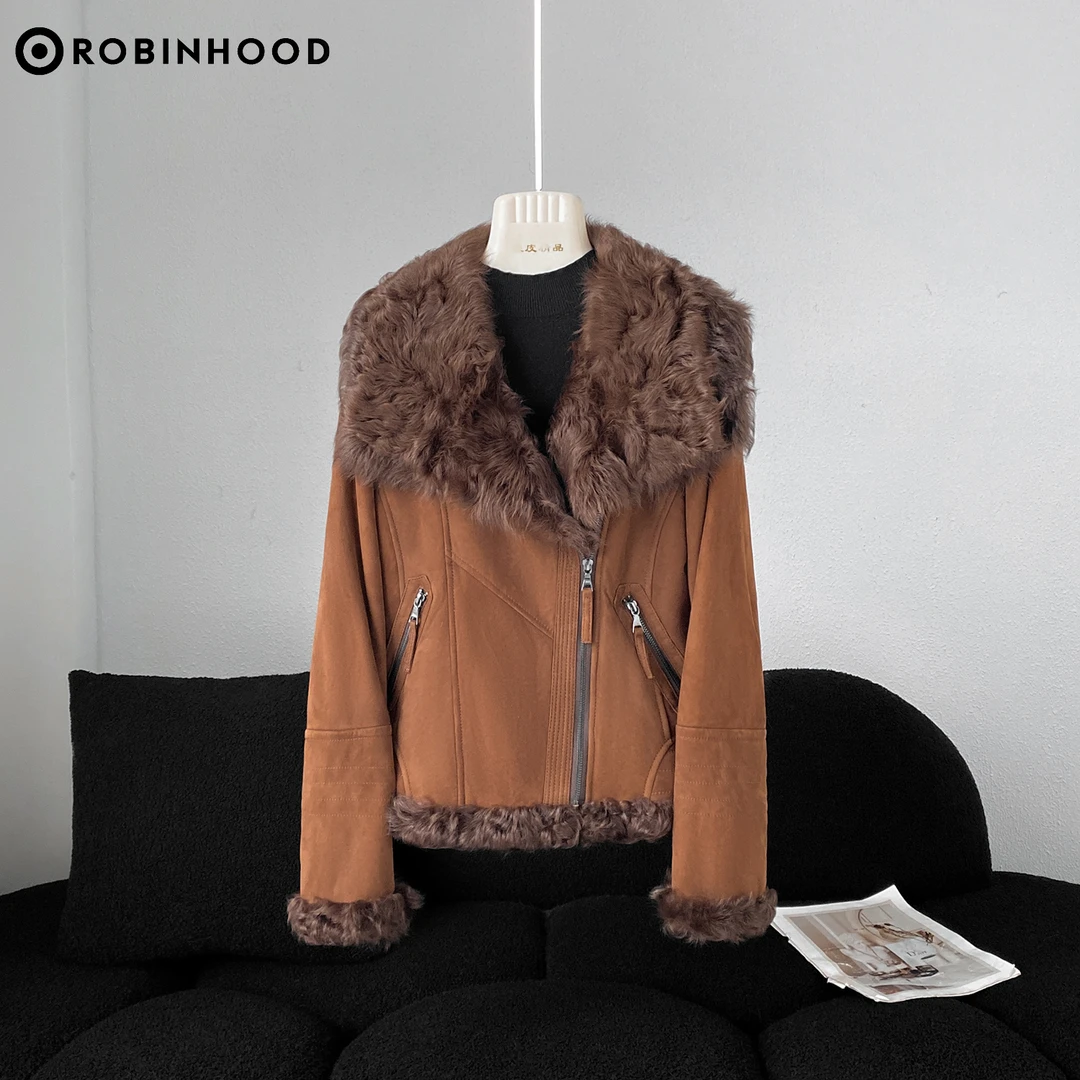 ROBINHOOD/罗宾汉4R2432秋冬时尚咖啡色小湖羊皮毛一体海军领外套