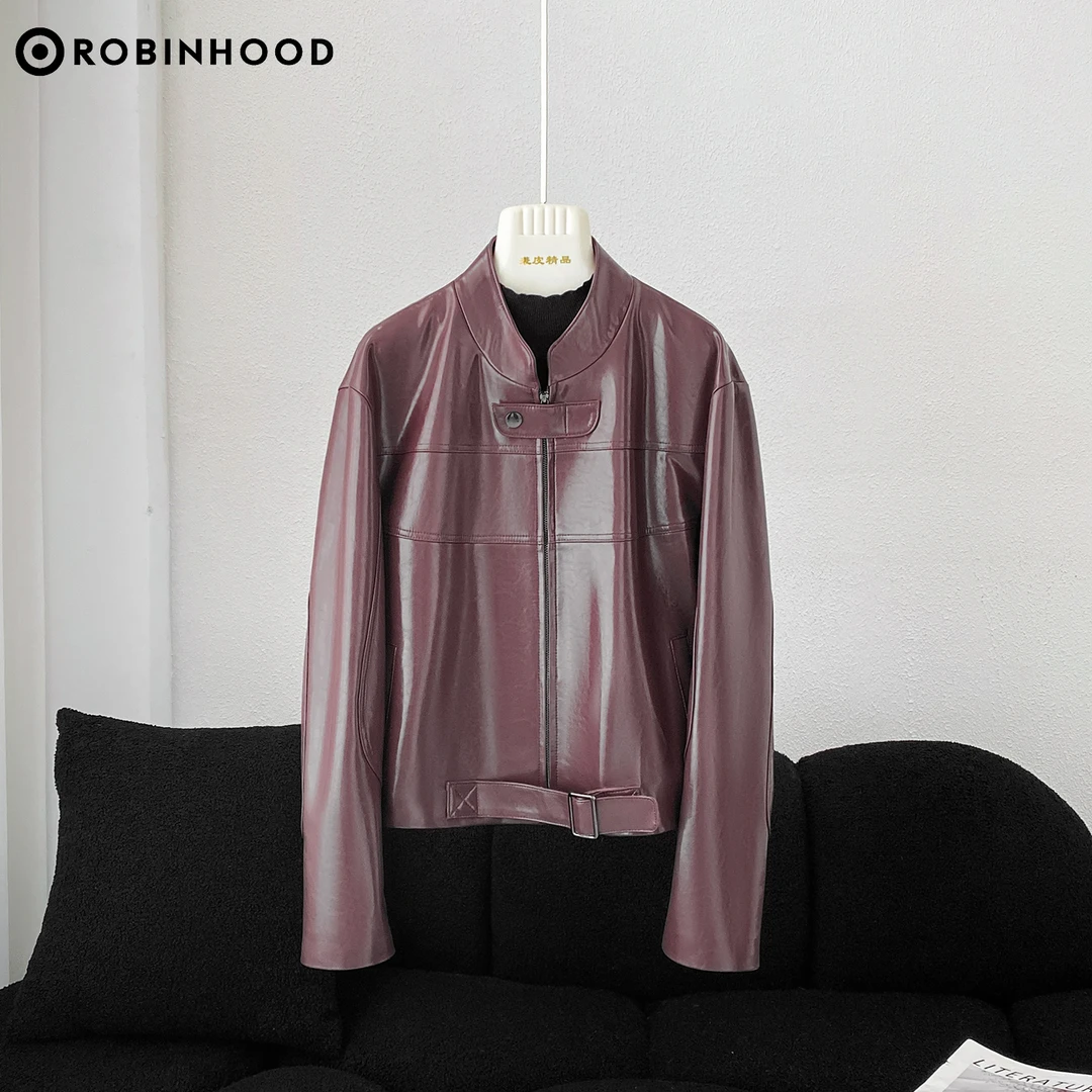 ROBINHOOD/罗宾汉4P3078-1休闲百搭风落肩红色绵羊皮油蜡立领外套