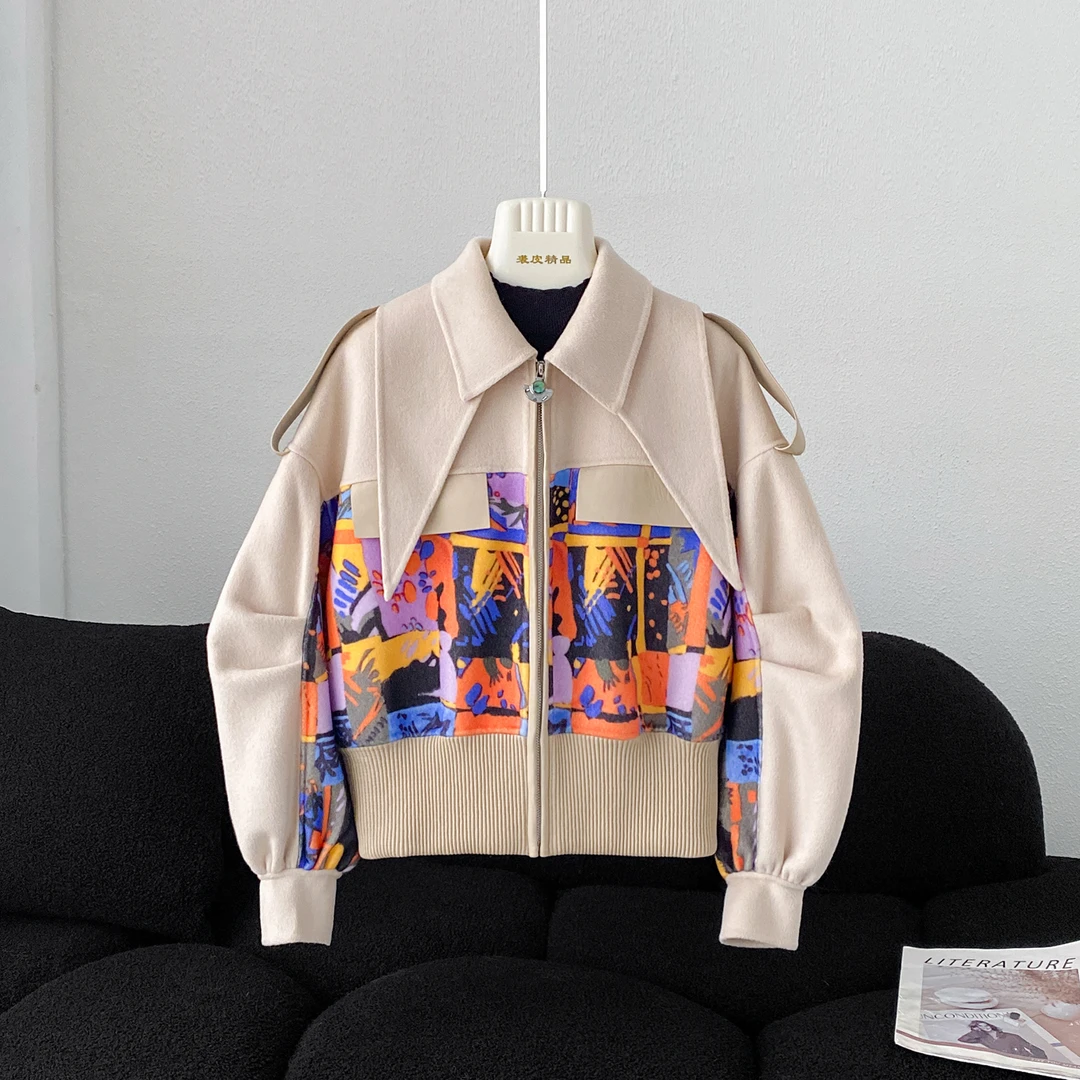 ROBINHOOD/罗宾汉2D5908春秋新款时尚复古拼色韩版印花毛呢外套