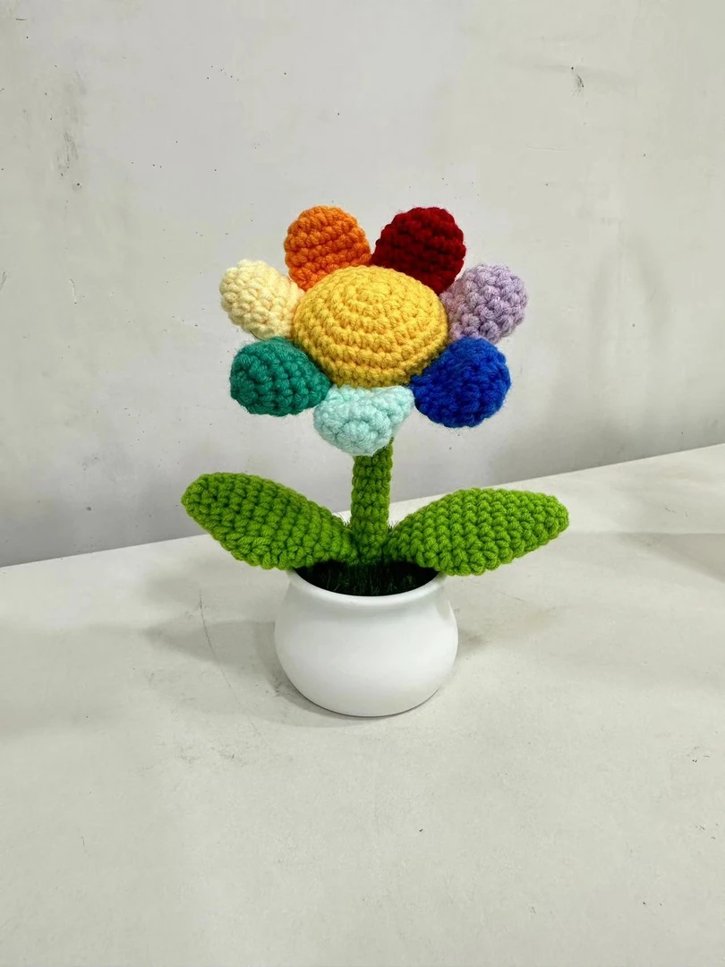 手工钩织七彩向日葵盆栽摆件仿真花教师节礼物成品现货 满50包邮