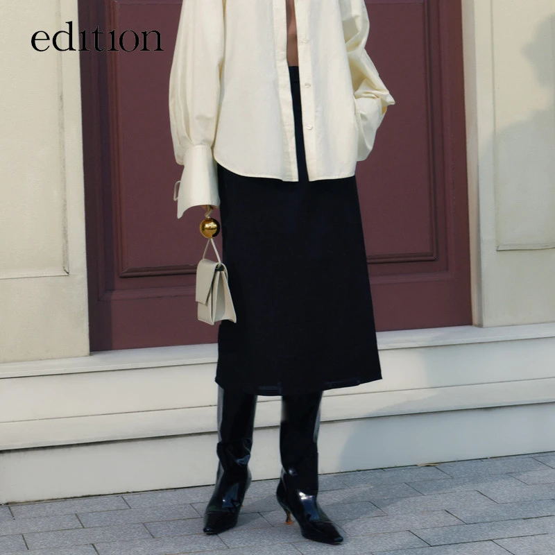 【商场同款】edition开衩半裙女新款高腰显瘦小黑裙#EBB3SKT021