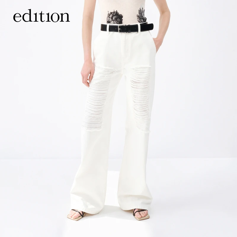 【商场同款】edition裤腿磨烂白色牛仔裤女#EBC2JEN020