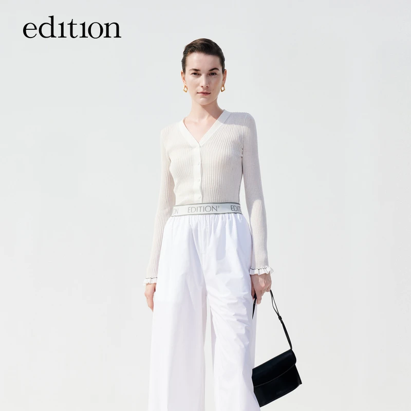 【商场同款】edition时尚休闲夏款花边袖V领针织开衫女#EBC2CAR005