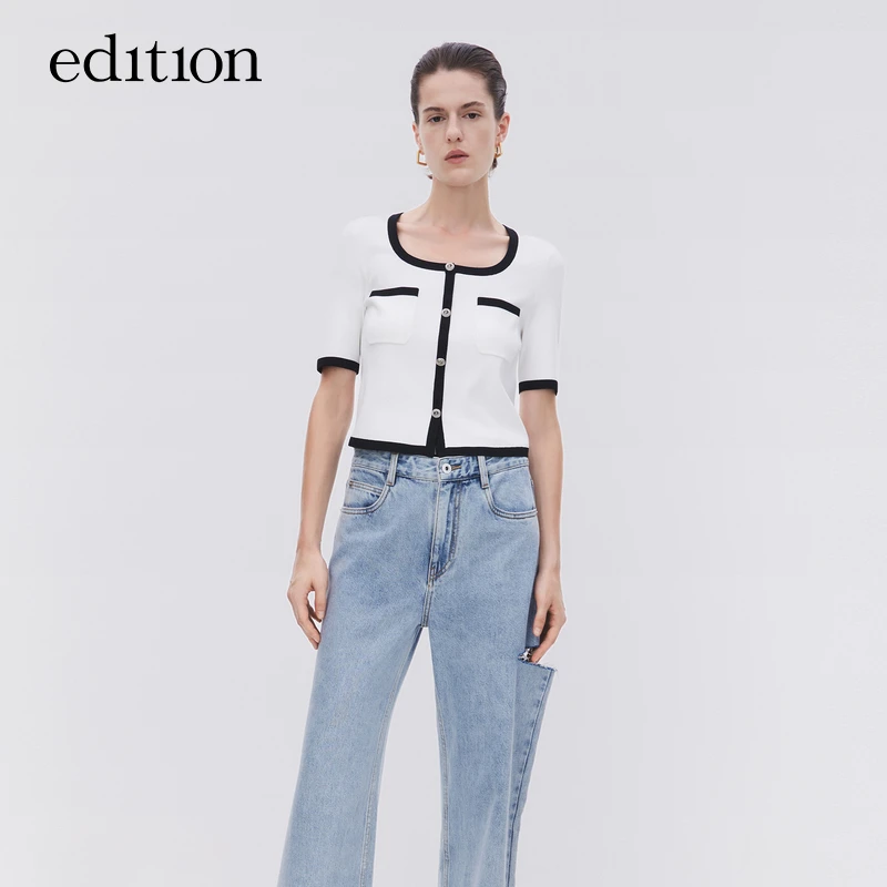 【商场同款】edition夏季时尚小香风U领拼接针织开衫#EBC2CAR006