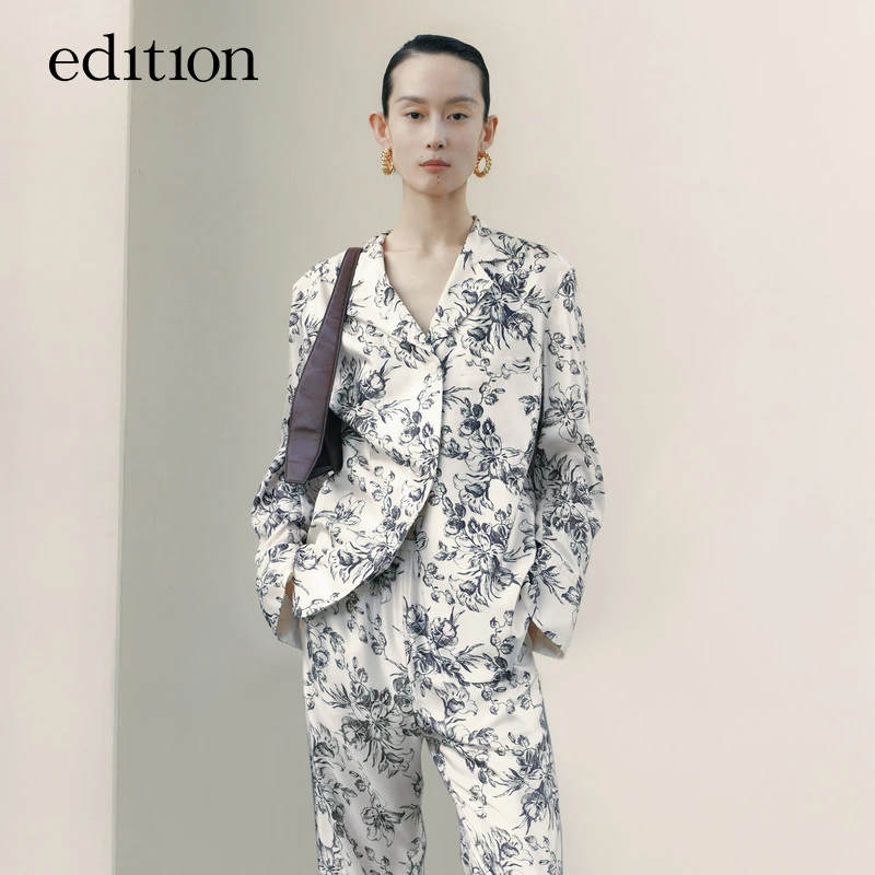 edition中式复古东方印花翻领女绅士西装外套桑蚕丝#EBB3BLA009