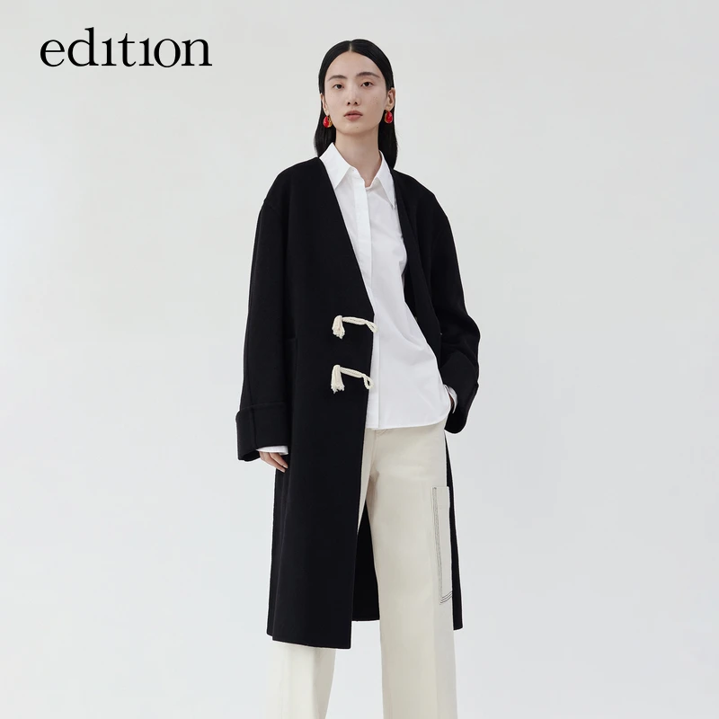 【陈大可】edition牛角扣绵羊毛大衣无领双面呢外套#EBB4OVC003