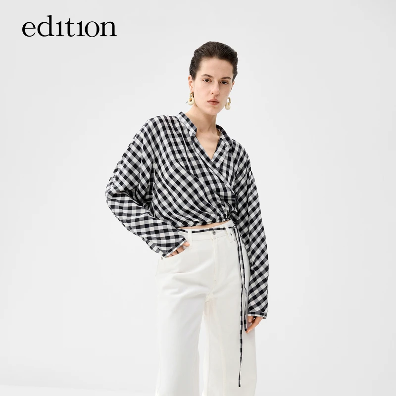edition夏款黑白格截短绑带衬衫女甜酷风上衣#EBC2TOPT01