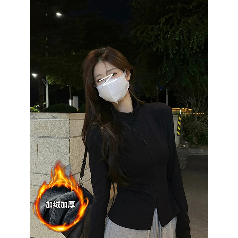 Moses Queen/魔西女王美式双拉链外套加厚上衣女立领修身掐腰开衫