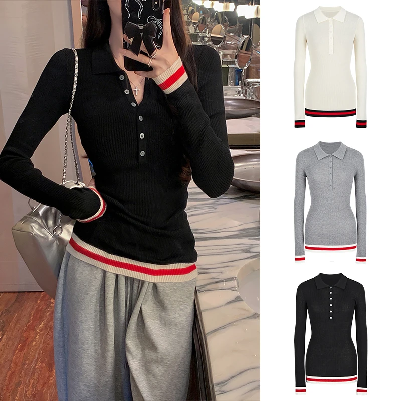MosesQueen/魔西女王小众撞色Polo领针织衫修身显瘦别致上衣