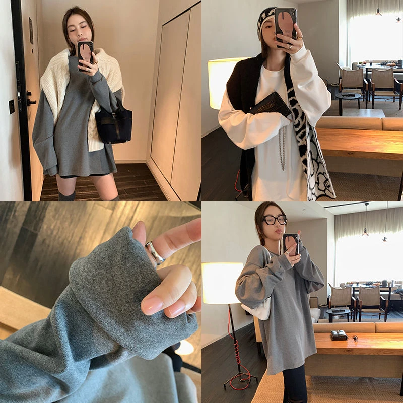 Moses Queen/魔西女王百搭加绒圆领长袖t女秋冬宽松内搭打底衫