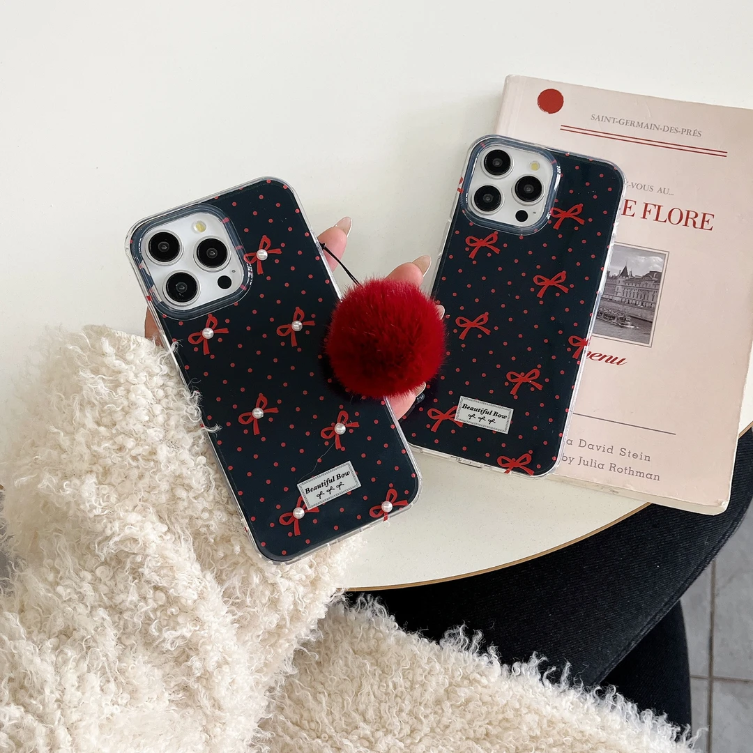 INS风黑色珍珠蝴蝶结适用iphone15promax手机壳苹果14/13/12